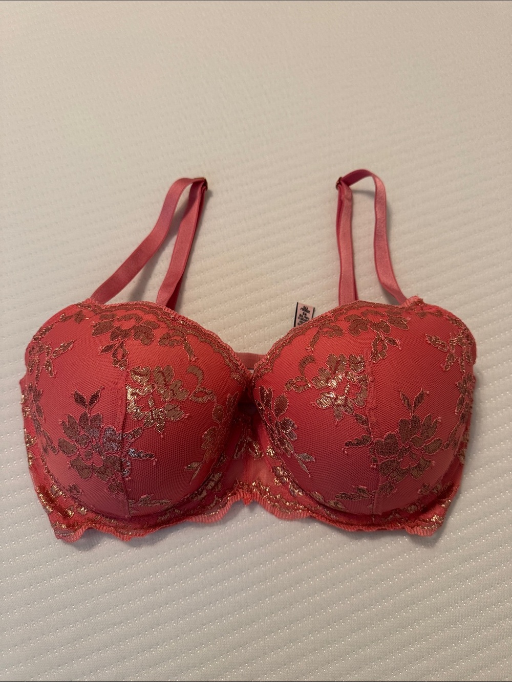 Victoria's Secret Coral Pink Lace Underwire Bra with Gold Floral Detail
